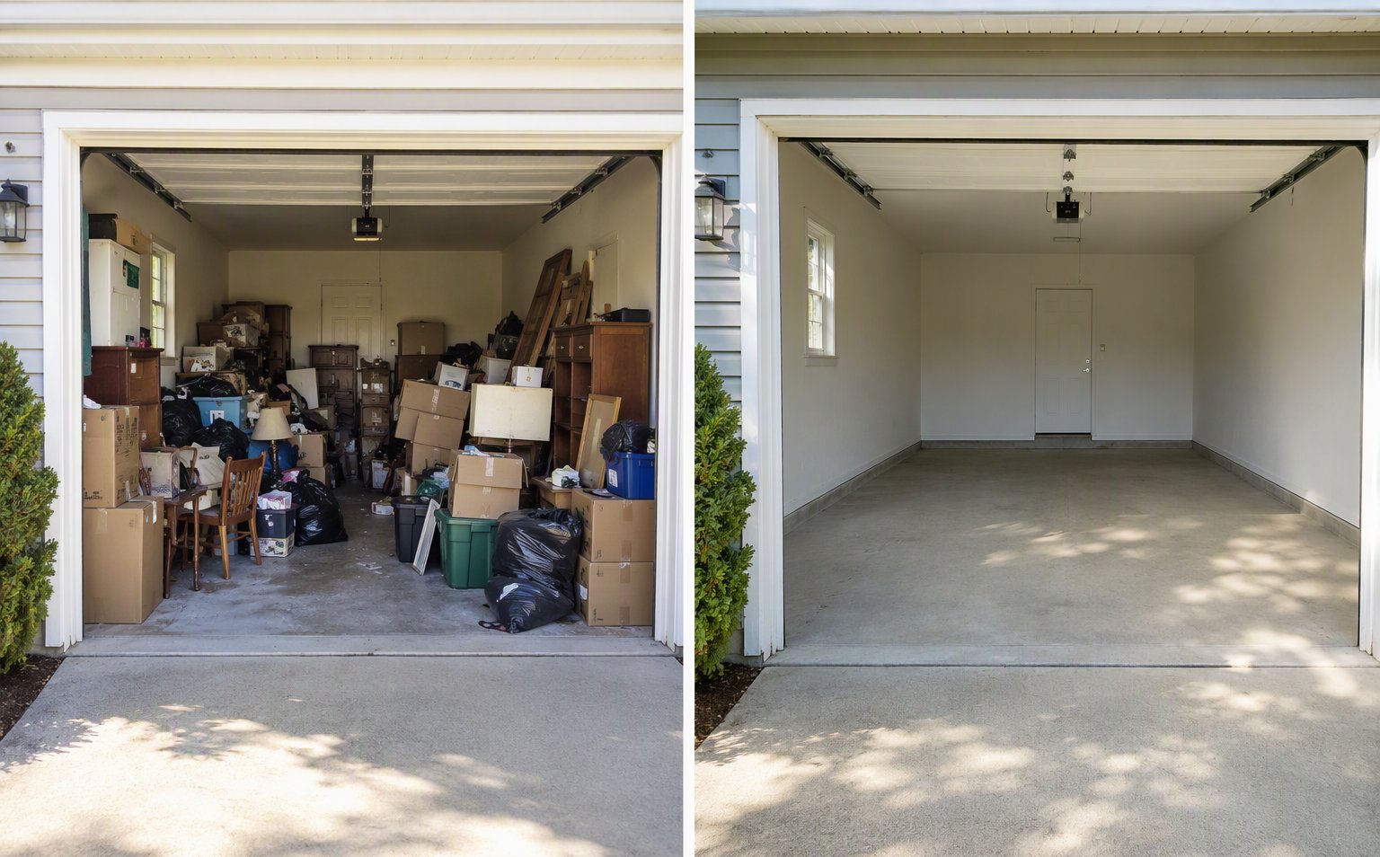Before and after of a garage cleanout — cluttered garage transformed into an empty, swept space